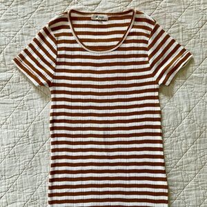 Madewell Ribbed Crewneck Tee, Size Small, Brown/White Stripe